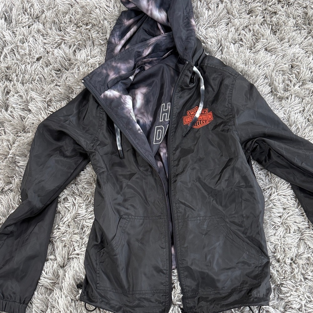 Harley-Davidson Black and Gray Jacket with Tie-Dye Hoodie